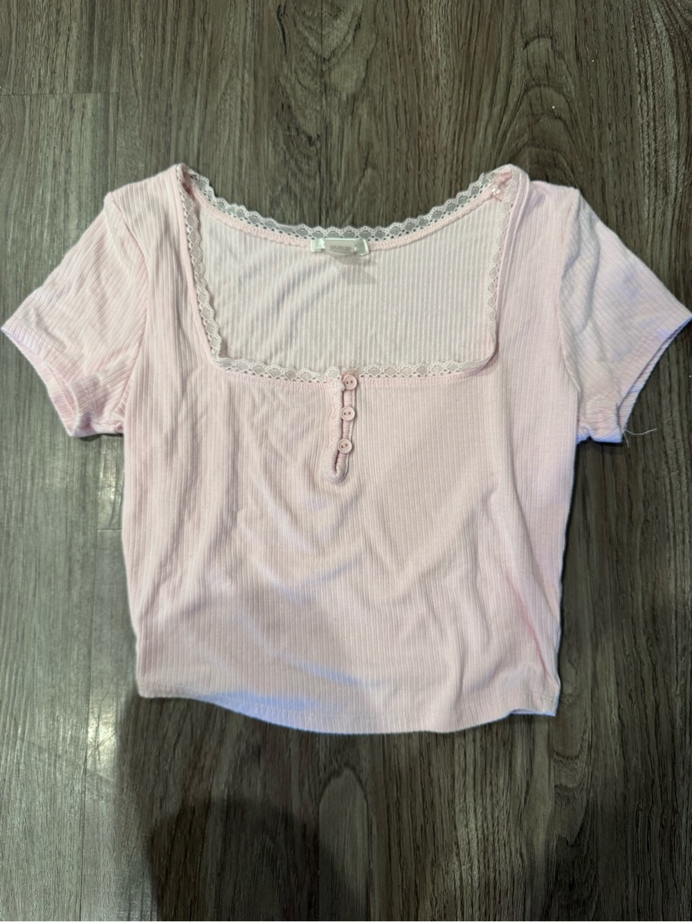 Bozzolo Light Pink Square Neck Ribbed Top with Lace Trim